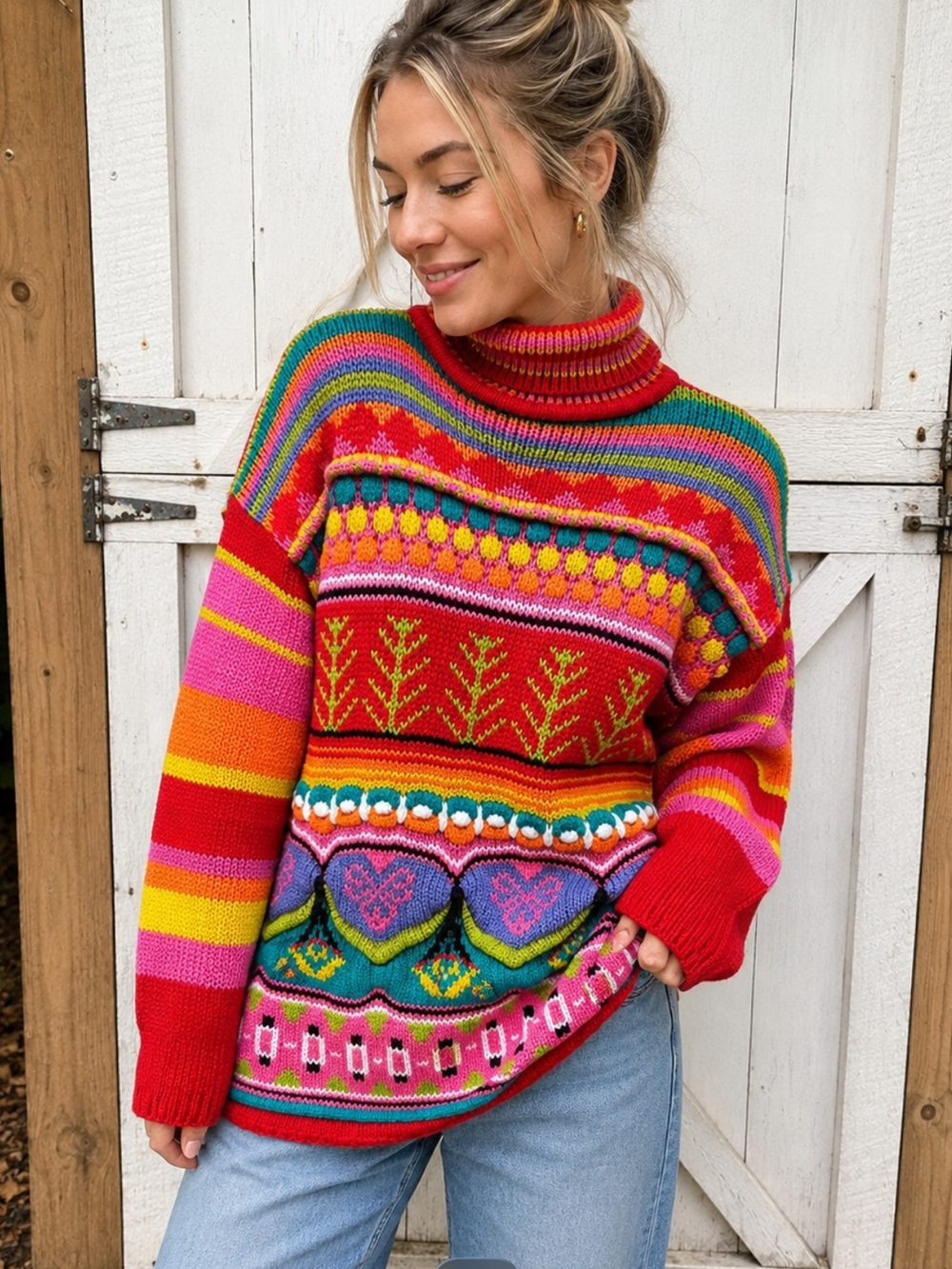 90s vintage rainbow textured knit Fair Isle Turtleneck Sweater one step up